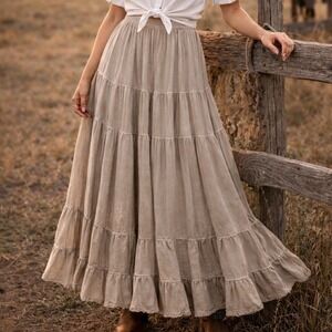 American Eagle Sandy Tiered Broomstick Maxi Skirt Small Boho Flowy S Grey Beige